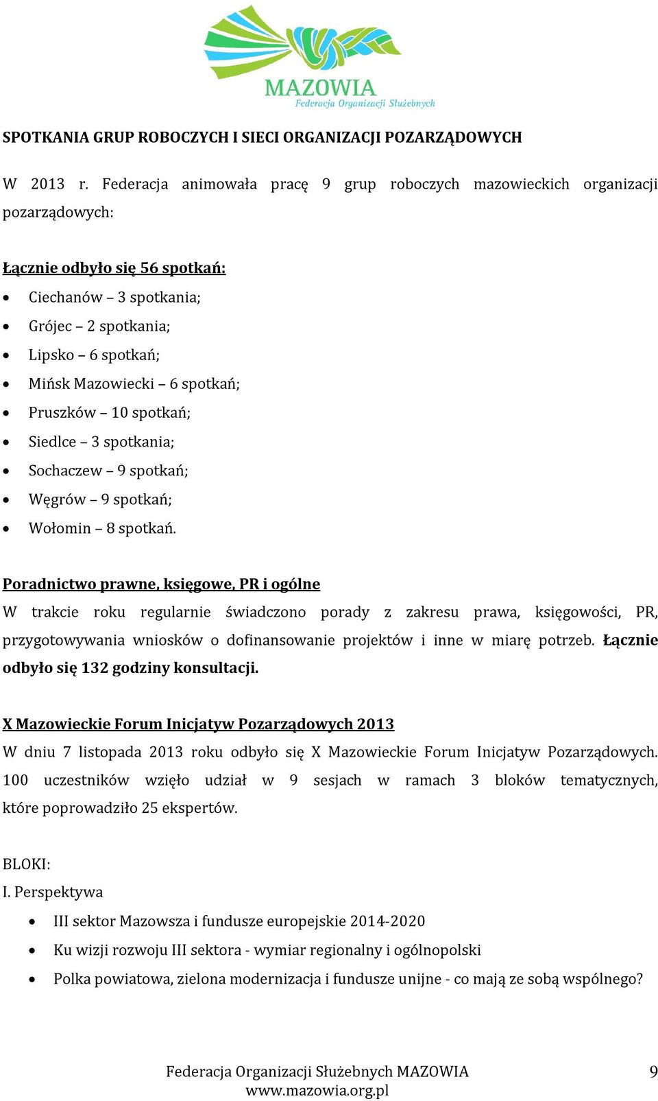 spotkań; Pruszków 10 spotkań; Siedlce 3 spotkania; Sochaczew 9 spotkań; Węgrów 9 spotkań; Wołomin 8 spotkań.