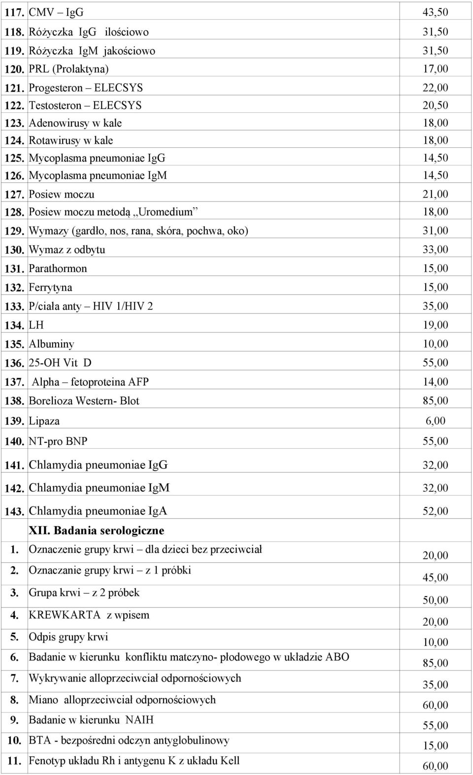 Wymazy (gardło, nos, rana, skóra, pochwa, oko) 31,00 130. Wymaz z odbytu 33,00 131. Parathormon 15,00 132. Ferrytyna 15,00 133. P/ciała anty HIV 1/HIV 2 35,00 134. LH 19,00 135. Albuminy 10,00 136.