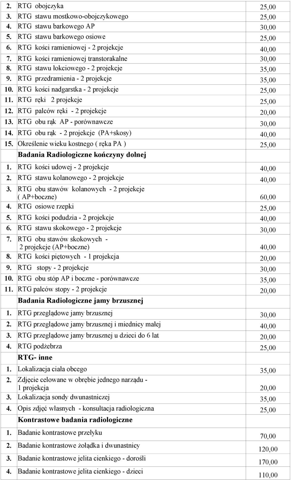 RTG ręki 2 projekcje 25,00 12. RTG palców ręki - 2 projekcje 13. RTG obu rąk AP - porównawcze 30,00 14. RTG obu rąk - 2 projekcje (PA+skosy) 40,00 15.