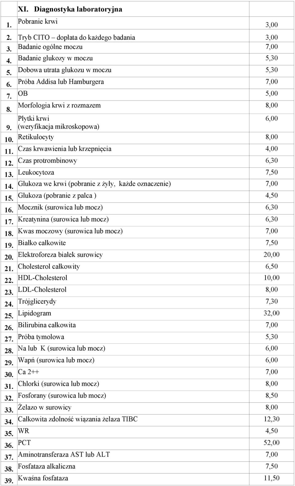 Czas protrombinowy 6,30 13. Leukocytoza 7,50 14. Glukoza we krwi (pobranie z żyły, każde oznaczenie) 7,00 15. Glukoza (pobranie z palca ) 4,50 16. Mocznik (surowica lub mocz) 6,30 17.