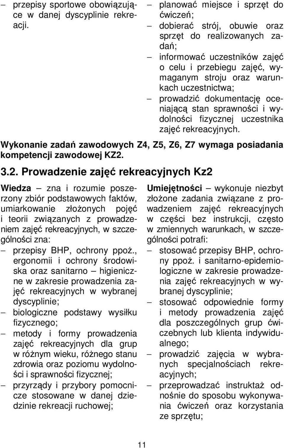 prowadzić dokumentację oceniającą stan sprawności i wydolności fizycznej uczestnika zajęć rekreacyjnych. Wykonanie zadań zawodowych Z4, Z5, Z6, Z7 wymaga posiadania kompetencji zawodowej KZ2.