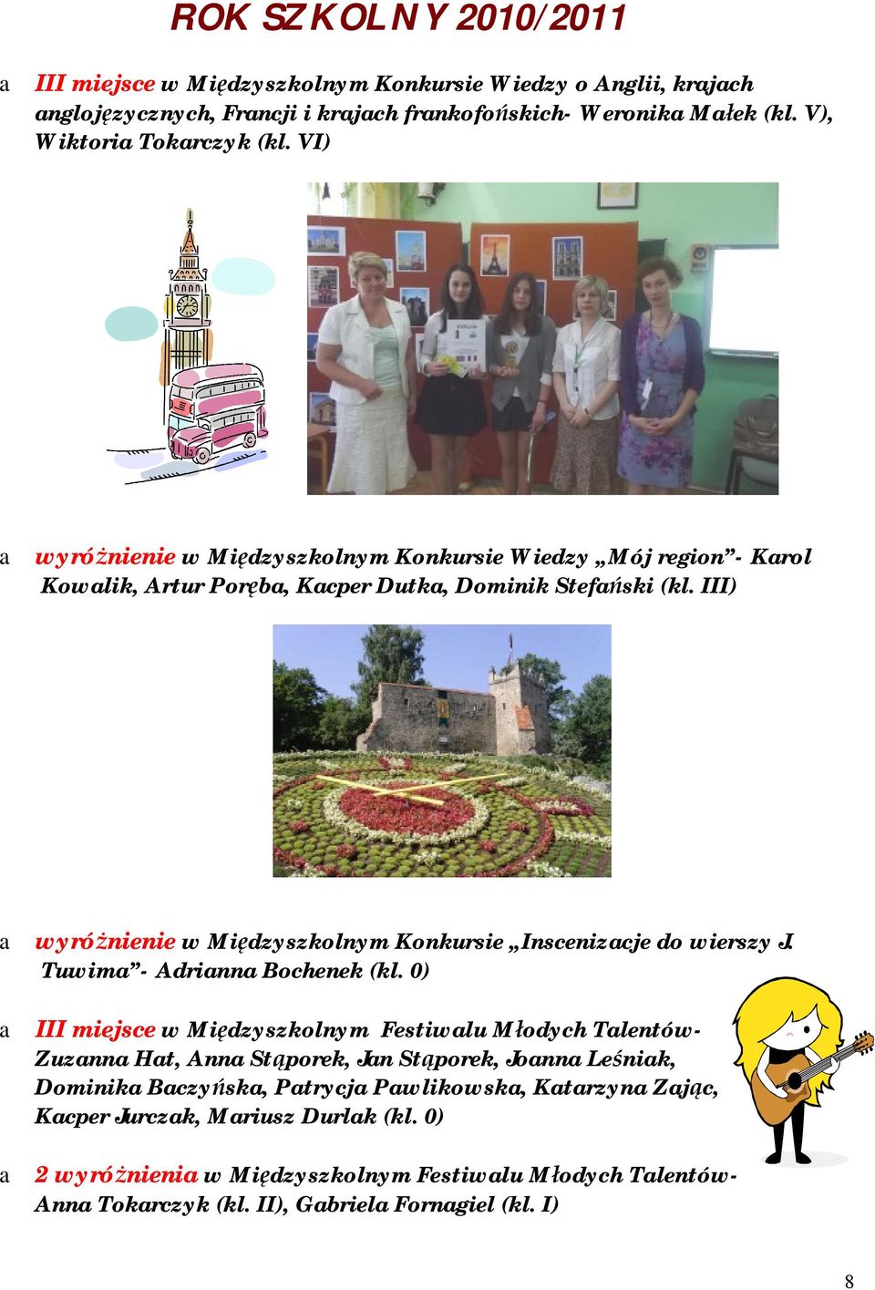 III) a wyróżnienie w Międzyszkolnym Konkursie Inscenizacje do wierszy J. Tuwima - Adrianna Bochenek (kl.