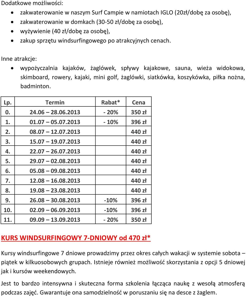 Inne atrakcje: wypożyczalnia kajaków, żaglówek, spływy kajakowe, sauna, wieża widokowa, skimboard, rowery, kajaki, mini golf, żaglówki, siatkówka, koszykówka, piłka nożna, badminton. Lp.