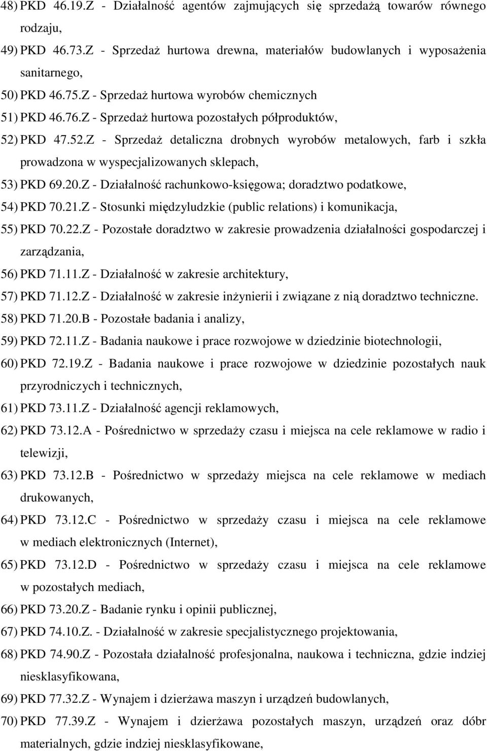 PKD 47.52.Z - Sprzedaż detaliczna drobnych wyrobów metalowych, farb i szkła prowadzona w wyspecjalizowanych sklepach, 53) PKD 69.20.