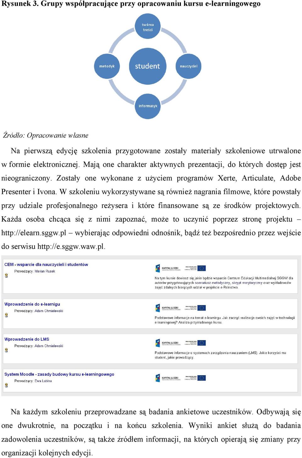 Mają one charakter aktywnych prezentacji, do których dostęp jest nieograniczony. Zostały one wykonane z użyciem programów Xerte, Articulate, Adobe Presenter i Ivona.