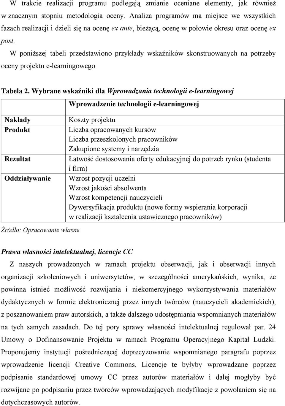 W poniższej tabeli przedstawiono przykłady wskaźników skonstruowanych na potrzeby oceny projektu e-learningowego. Tabela 2.