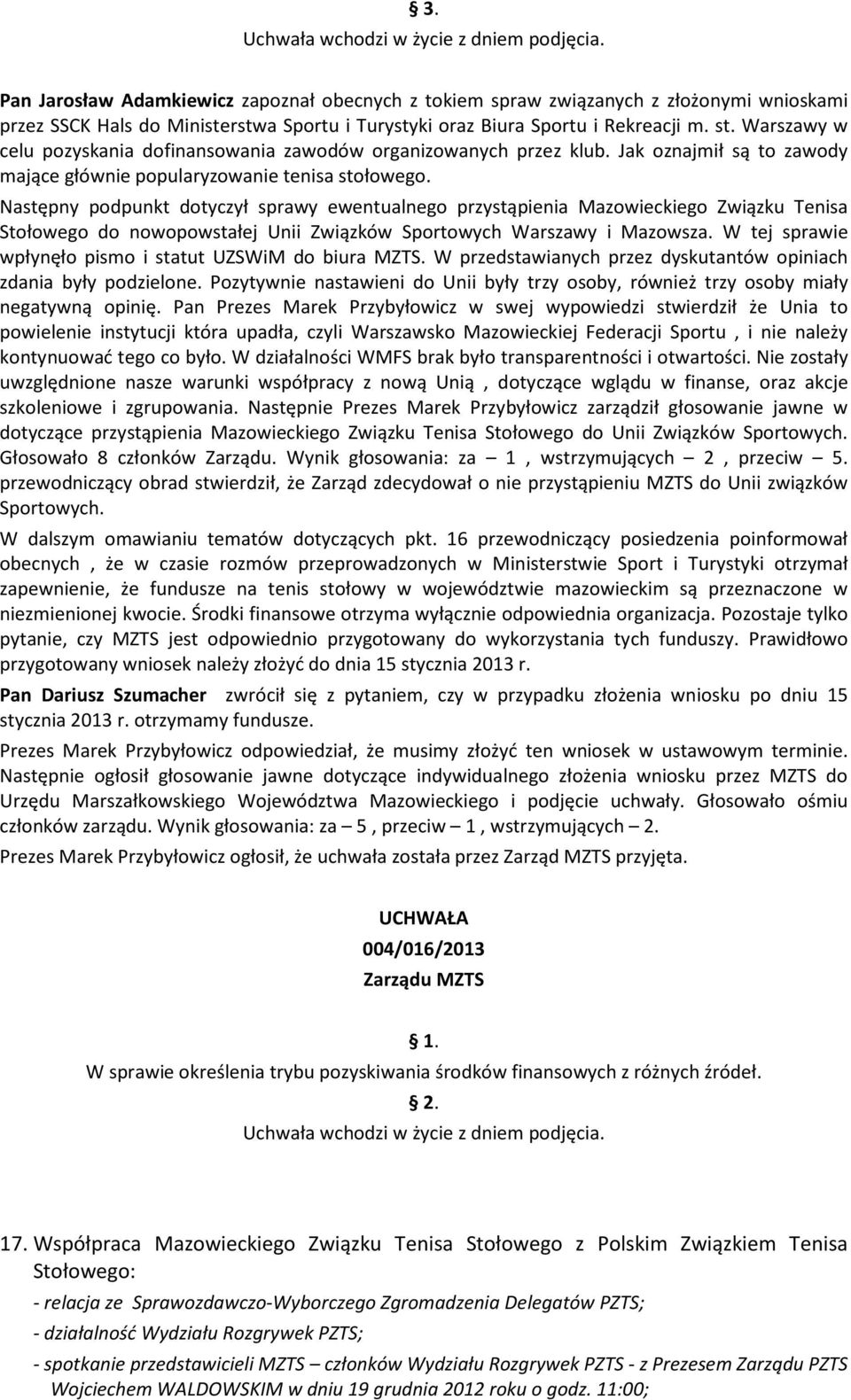 Następny podpunkt dotyczył sprawy ewentualnego przystąpienia Mazowieckiego Związku Tenisa Stołowego do nowopowstałej Unii Związków Sportowych Warszawy i Mazowsza.