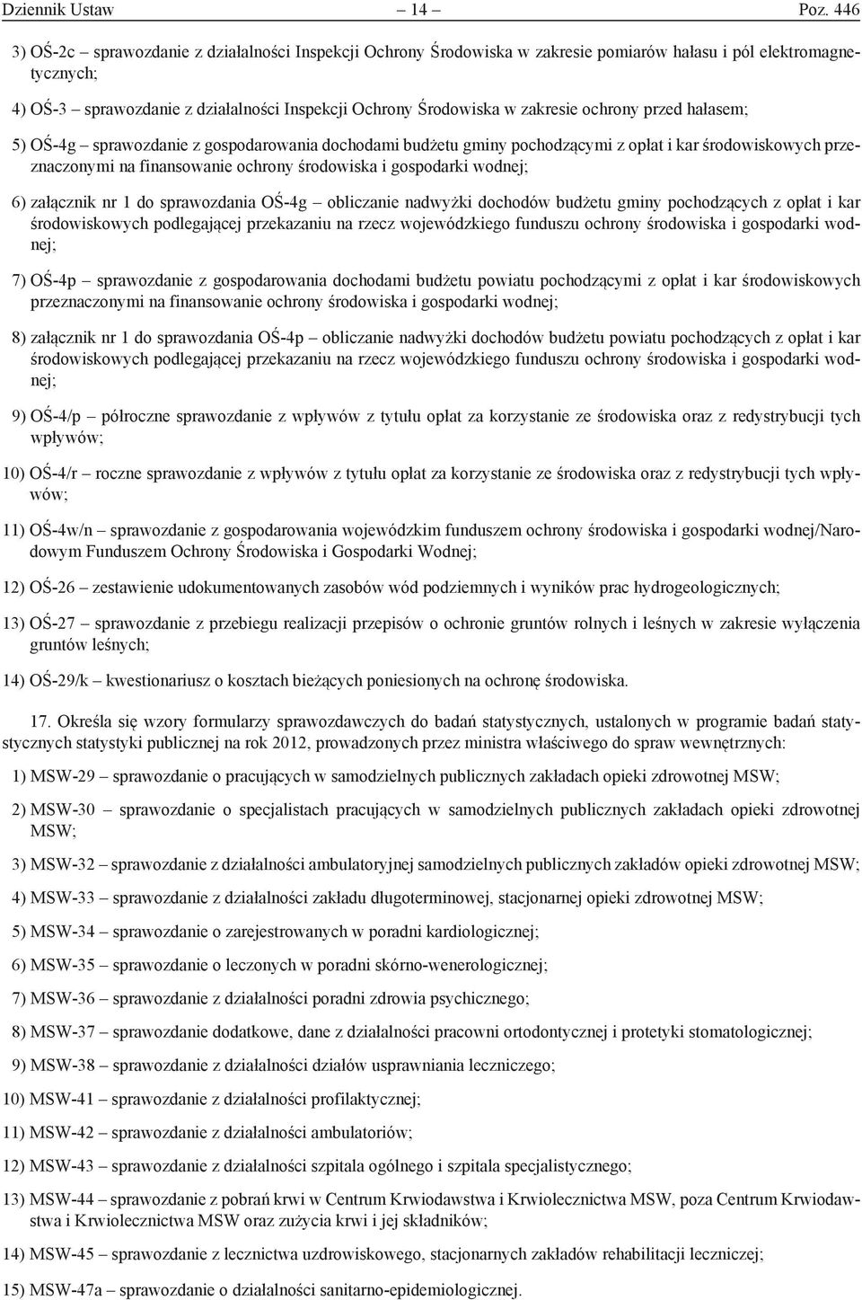 zakresie ochrony przed hałasem; 5) OŚ-4g sprawozdanie z gospodarowania dochodami budżetu gminy pochodzącymi z opłat i kar środowiskowych przeznaczonymi na finansowanie ochrony środowiska i gospodarki