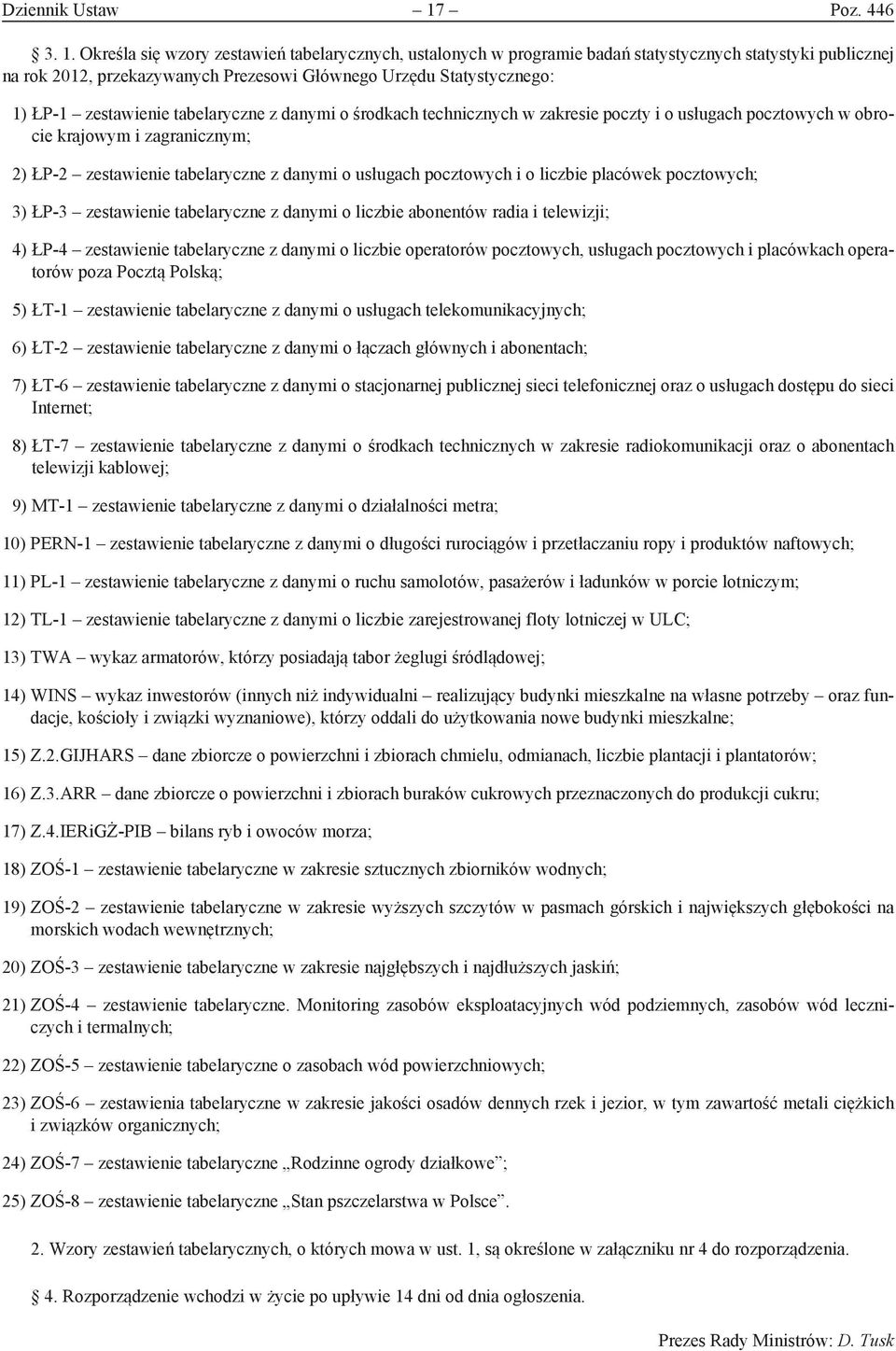 Określa się wzory zestawień tabelarycznych, ustalonych w programie badań statystycznych statystyki publicznej na rok 2012, przekazywanych Prezesowi Głównego Urzędu Statystycznego: 1) ŁP-1 zestawienie