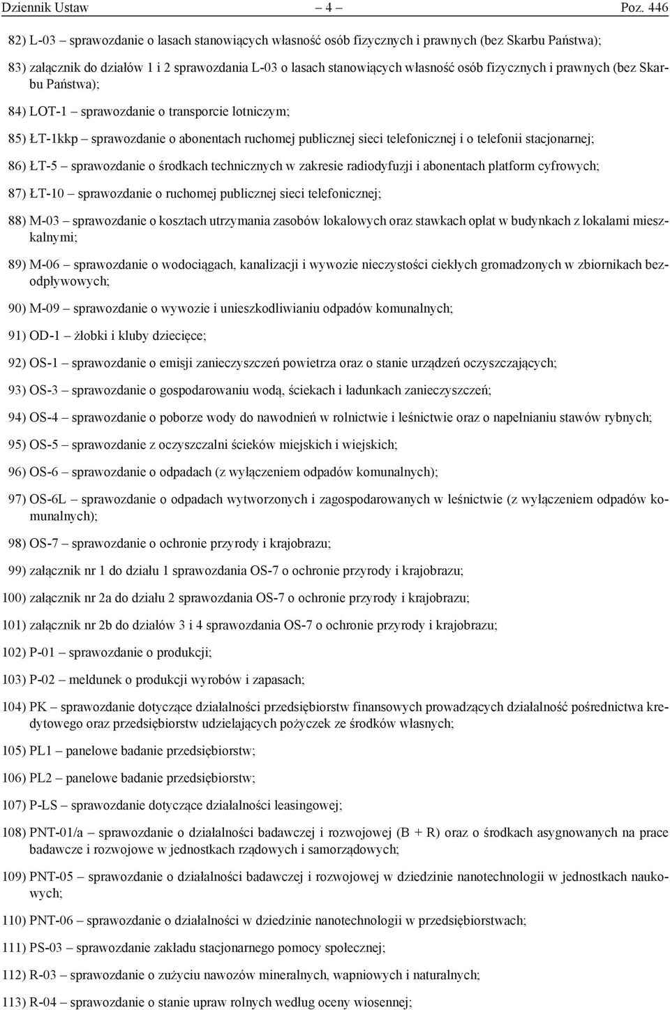 fizycznych i prawnych (bez Skarbu Państwa); 84) LOT-1 sprawozdanie o transporcie lotniczym; 85) ŁT-1kkp sprawozdanie o abonentach ruchomej publicznej sieci telefonicznej i o telefonii stacjonarnej;