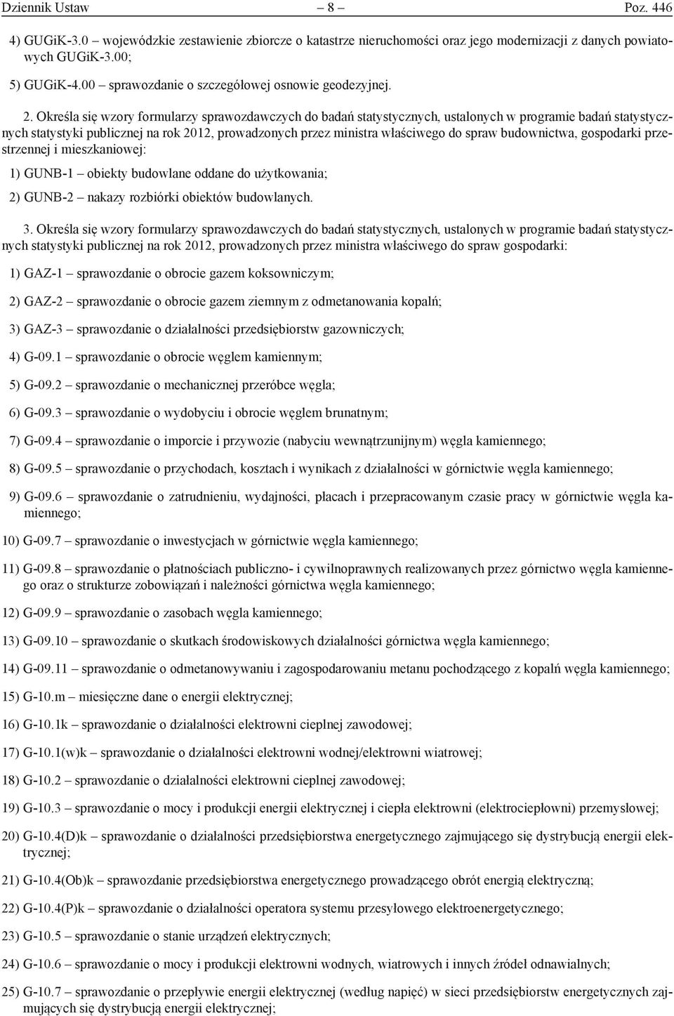 Określa się wzory formularzy sprawozdawczych do badań statystycznych, ustalonych w programie badań statystycznych statystyki publicznej na rok 2012, prowadzonych przez ministra właściwego do spraw