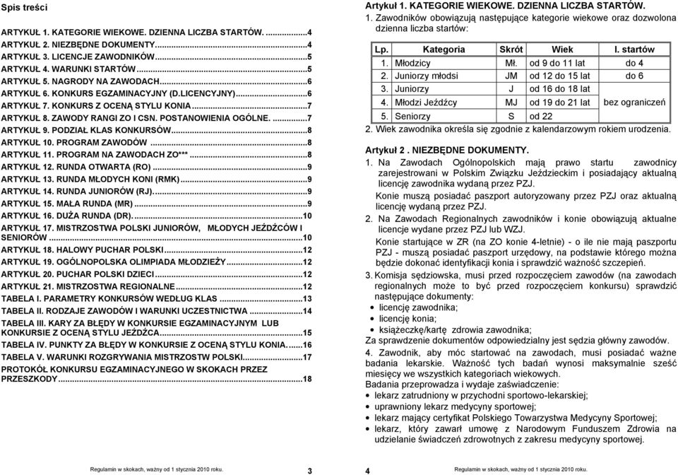 PODZIAŁ KLAS KONKURSÓW...8 ARTYKUŁ 10. PROGRAM ZAWODÓW...8 ARTYKUŁ 11. PROGRAM NA ZAWODACH ZO***...8 ARTYKUŁ 12. RUNDA OTWARTA (RO)...9 ARTYKUŁ 13. RUNDA MŁODYCH KONI (RMK)...9 ARTYKUŁ 14.