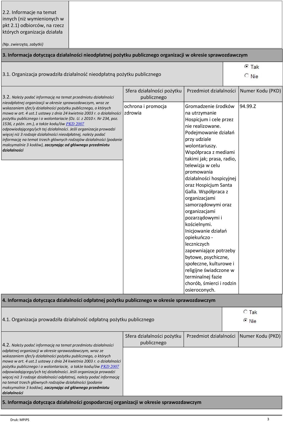 Należy podać informację na temat przedmiotu działalności nieodpłatnej organizacji w okresie sprawozdawczym, wraz ze wskazaniem sfer/y działalności pożytku publicznego, o których mowa w art. 4 ust.