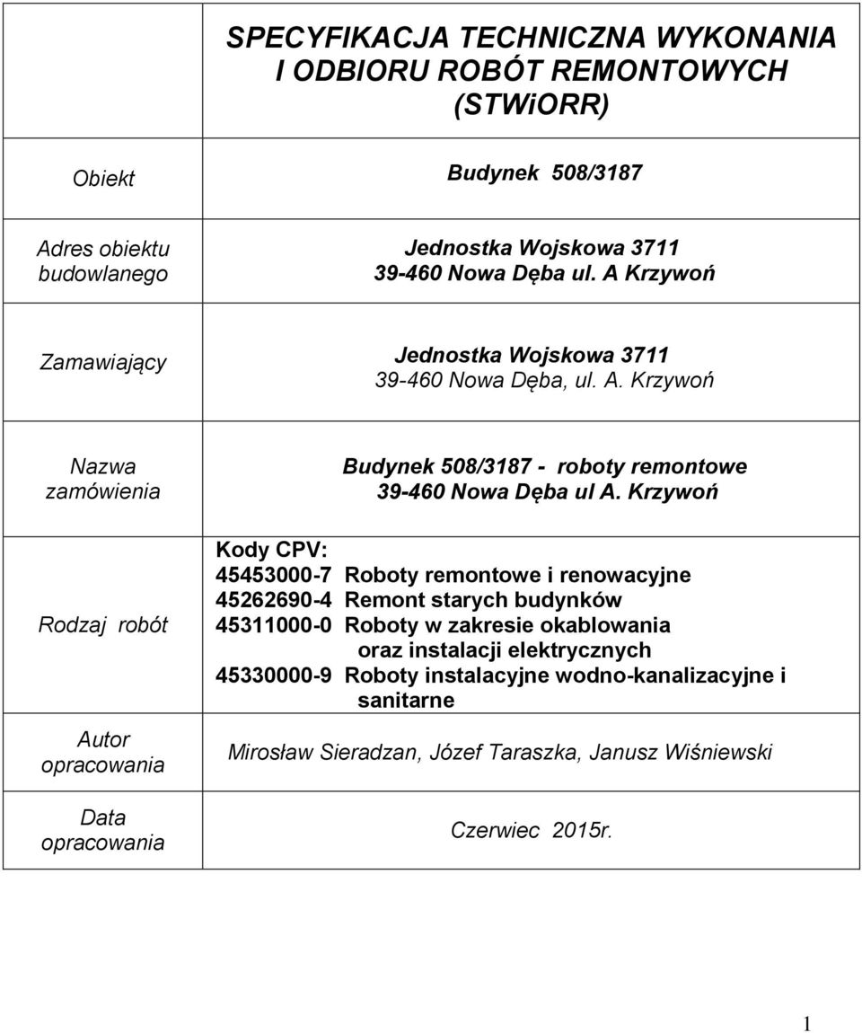 Krzywoń Nazwa zamówienia Rodzaj robót Autor opracowania Data opracowania Budynek 508/3187 - roboty remontowe 39-460 Nowa Dęba ul A.