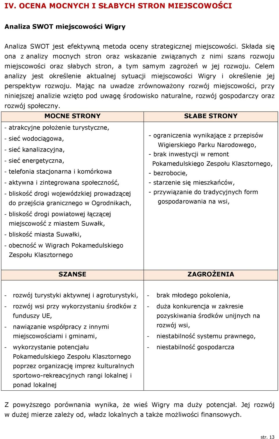 Celem analizy jest określenie aktualnej sytuacji miejscowości Wigry i określenie jej perspektyw rozwoju.