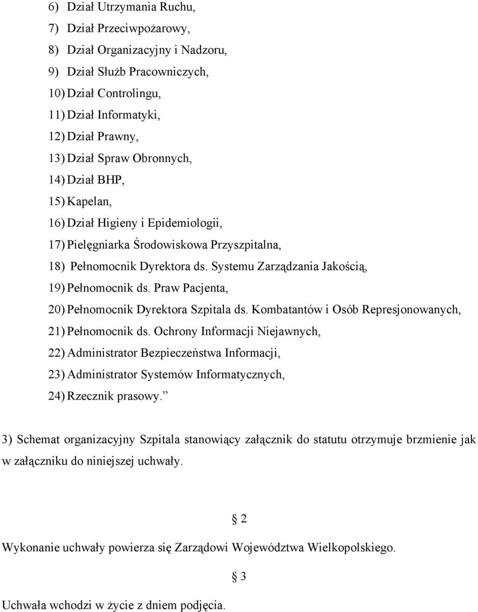 Praw Pacjenta, 20) Pełnomocnik Dyrektora Szpitala ds. Kombatantów i Osób Represjonowanych, 21) Pełnomocnik ds.