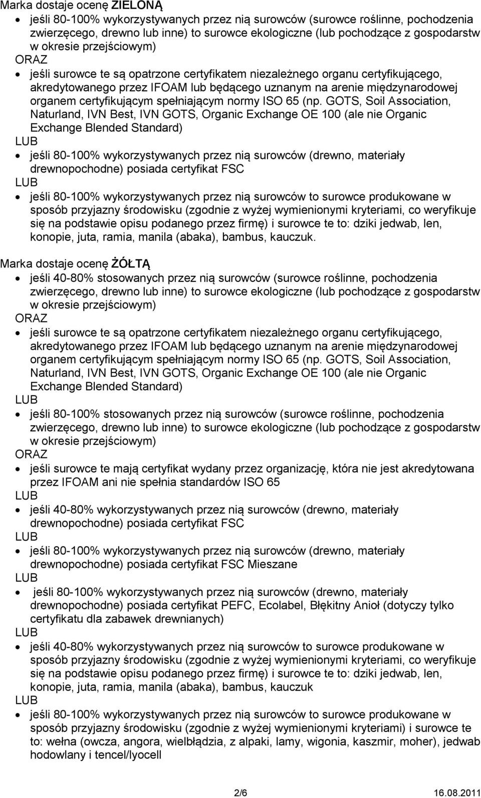 (np. GOTS, Soil Association, Naturland, IVN Best, IVN GOTS, Organic Exchange OE 100 (ale nie Organic Exchange Blended Standard) jeśli 80-100% wykorzystywanych przez nią surowców (drewno, materiały