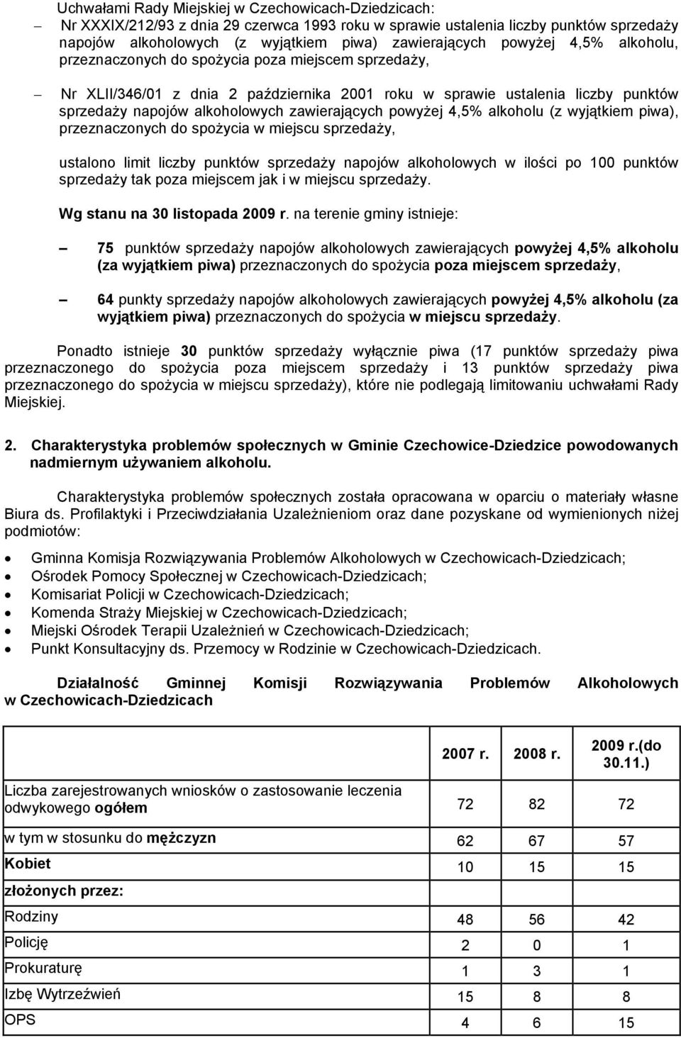 zawierających powyżej 4,5% alkoholu (z wyjątkiem piwa), przeznaczonych do spożycia w miejscu sprzedaży, ustalono limit liczby punktów sprzedaży napojów alkoholowych w ilości po 100 punktów sprzedaży