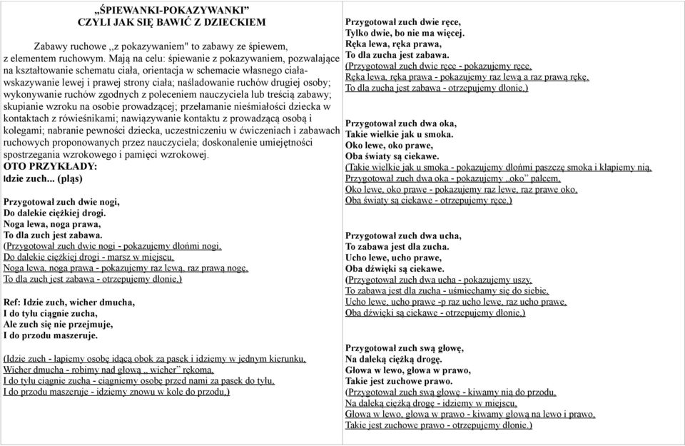 wykonywanie ruchów zgodnych z poleceniem nauczyciela lub treścią zabawy; skupianie wzroku na osobie prowadzącej; przełamanie nieśmiałości dziecka w kontaktach z rówieśnikami; nawiązywanie kontaktu z