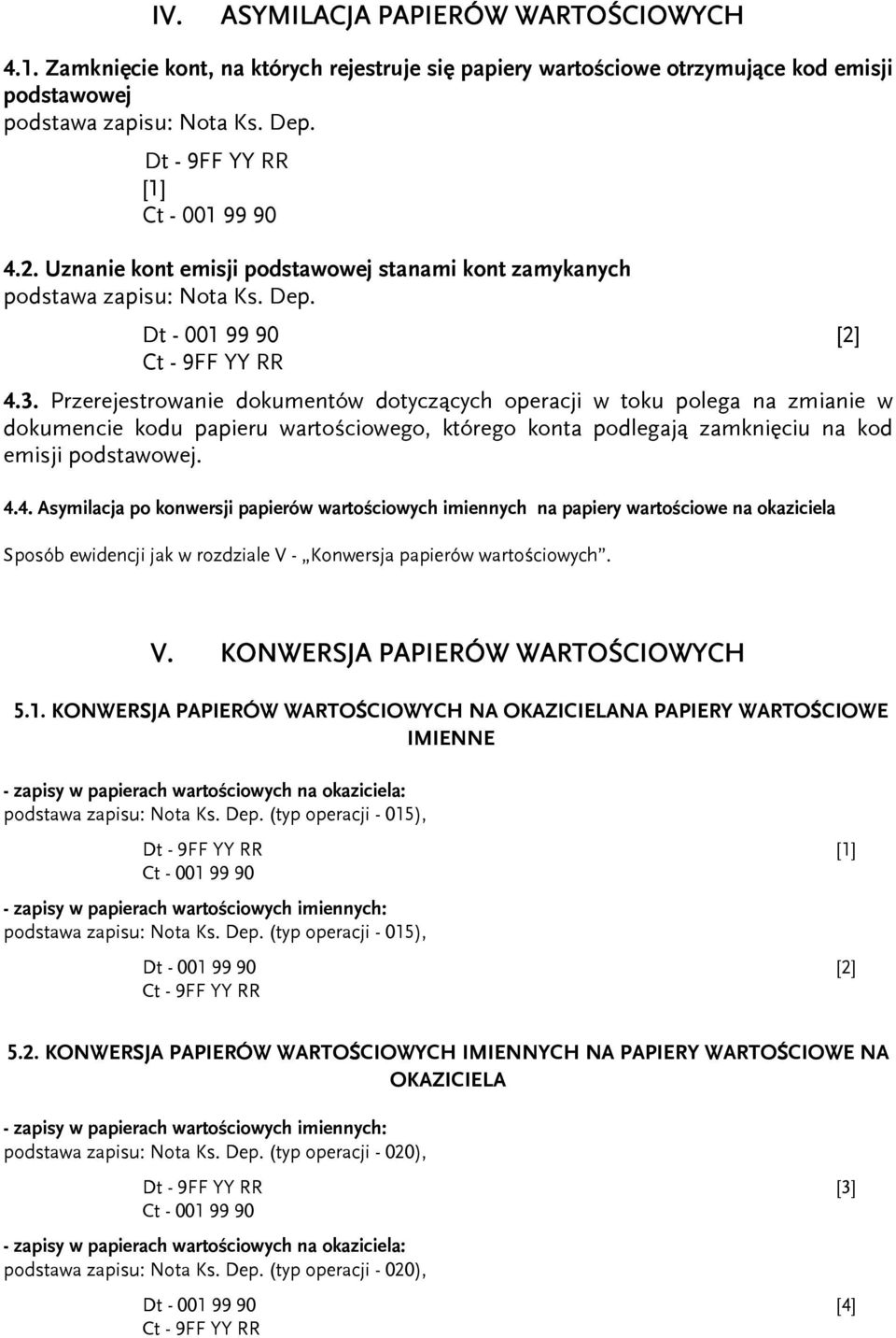 Przerejestrowanie dokumentów dotyczących operacji w toku polega na zmianie w dokumencie kodu papieru wartościowego, którego konta podlegają zamknięciu na kod emisji podstawowej. 4.