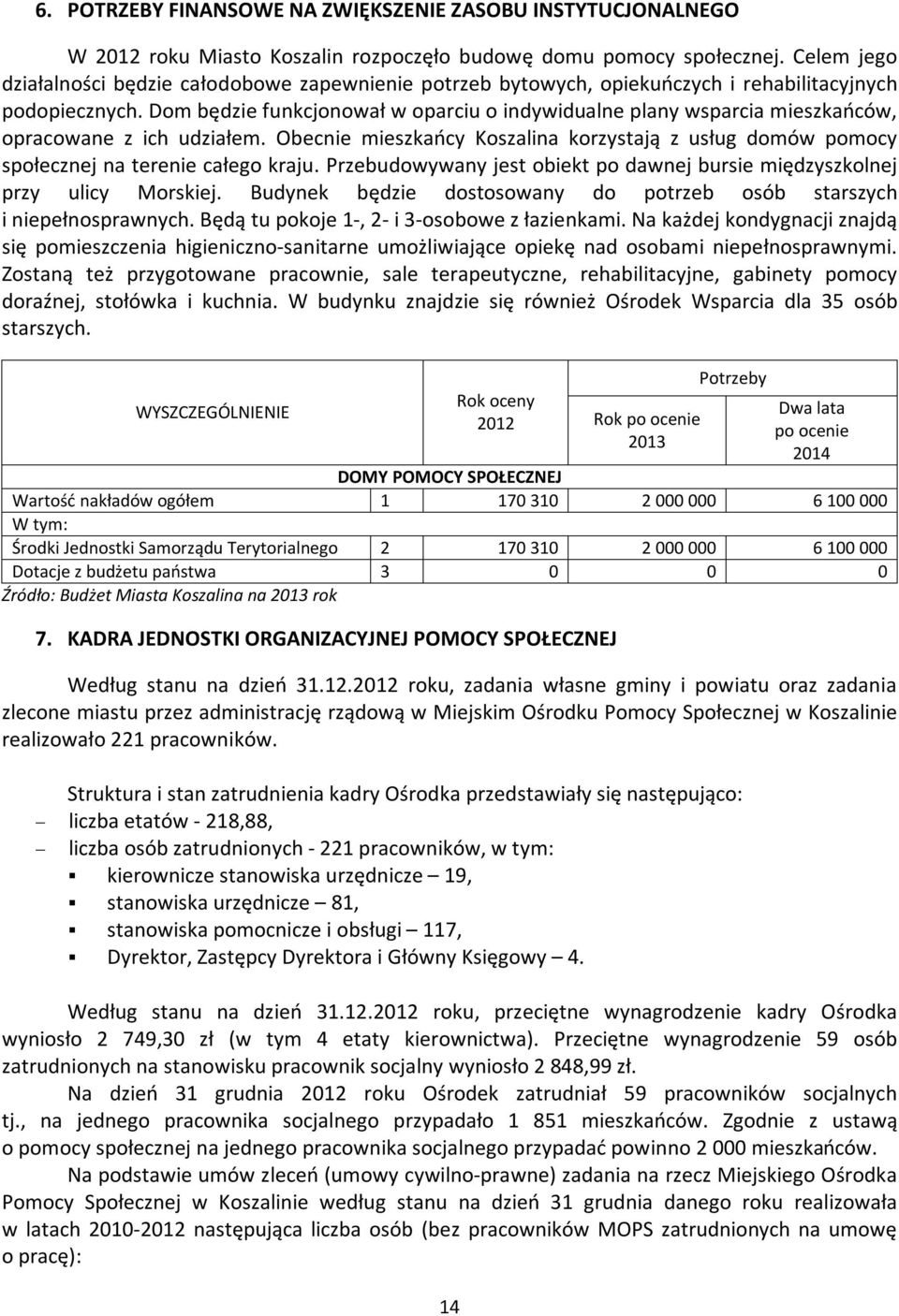 Dom będzie funkcjonował w oparciu o indywidualne plany wsparcia mieszkańców, opracowane z ich udziałem. Obecnie mieszkańcy Koszalina korzystają z usług domów pomocy społecznej na terenie całego kraju.