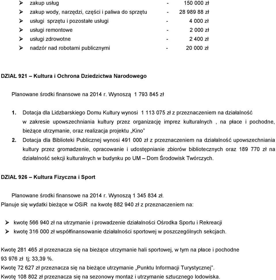 Dotacja dla Lidzbarskiego Domu Kultury wynosi 1 113 075 zł z przeznaczeniem na działalność w zakresie upowszechniania kultury przez organizację imprez kulturalnych, na płace i pochodne, bieżące