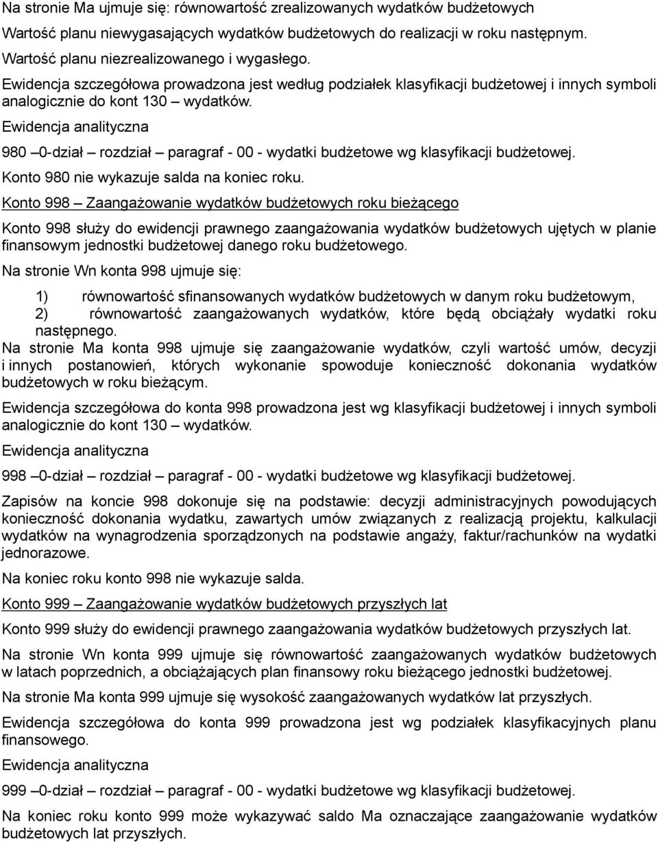 980 0-dział rozdział paragraf - 00 - wydatki budŝetowe wg klasyfikacji budŝetowej. Konto 980 nie wykazuje salda na koniec roku.