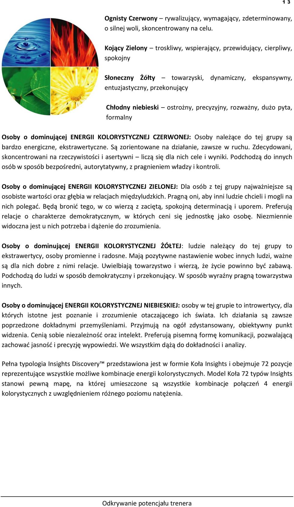 rozważny, dużo pyta, formalny Osoby o dominującej ENERGII KOLORYSTYCZNEJ CZERWONEJ: Osoby należące do tej grupy są bardzo energiczne, ekstrawertyczne. Są zorientowane na działanie, zawsze w ruchu.