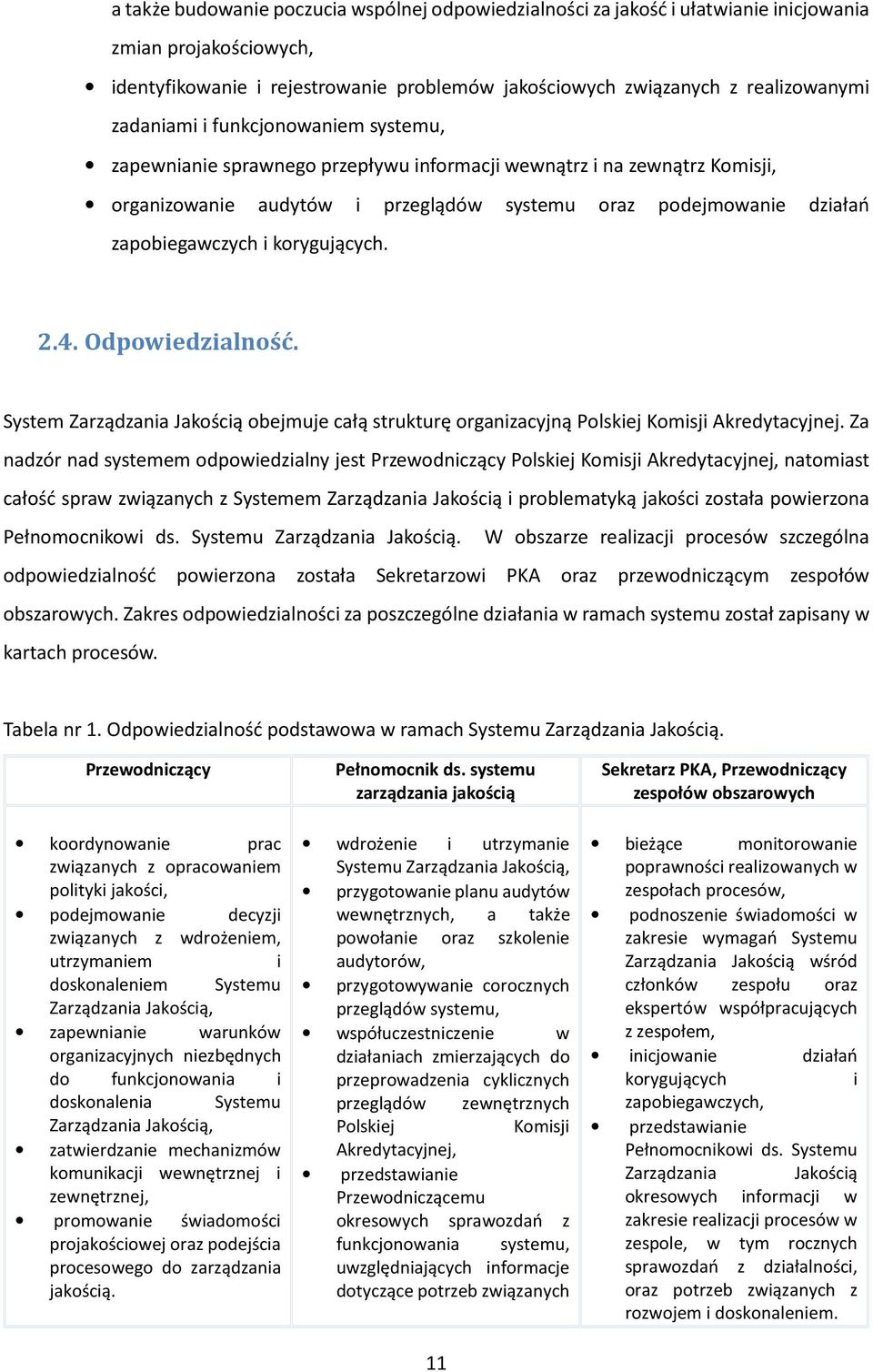korygujących. 2.4. Odpowiedzialność. System Zarządzania Jakością obejmuje całą strukturę organizacyjną Polskiej Komisji Akredytacyjnej.