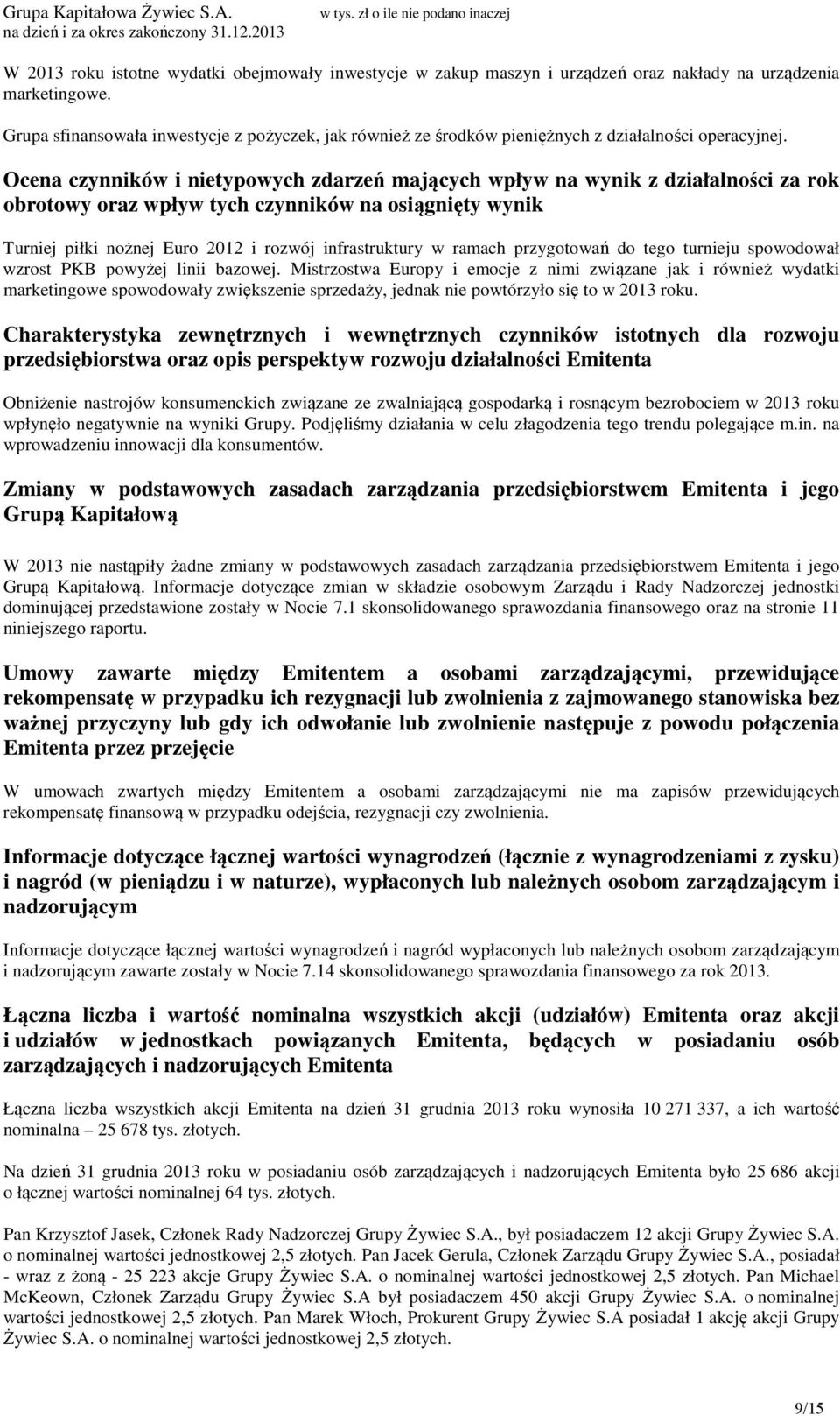 Ocena czynników i nietypowych zdarzeń mających wpływ na wynik z działalności za rok obrotowy oraz wpływ tych czynników na osiągnięty wynik Turniej piłki nożnej Euro 2012 i rozwój infrastruktury w