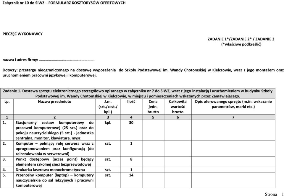 Zadanie 1. Dostawa sprzętu elektronicznego szczegółowo opisanego w załączniku nr 7 do SIWZ, wraz z jego instalacją i uruchomieniem w budynku Szkoły Podstawowej im.