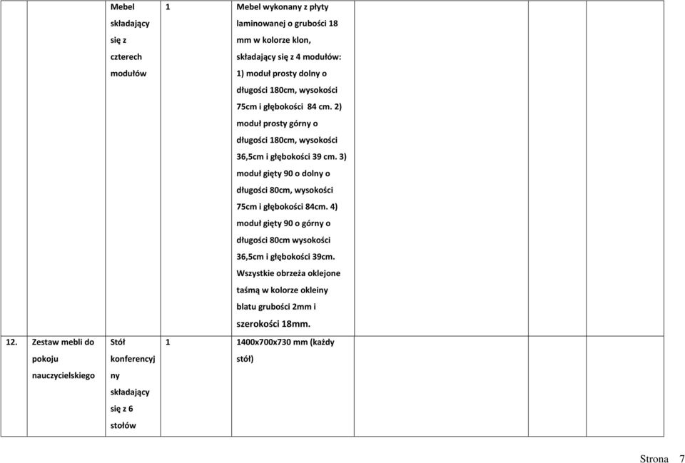 2) moduł prosty górny o długości 180cm, wysokości 36,5cm i głębokości 39 cm. 3) moduł gięty 90 o dolny o długości 80cm, wysokości 75cm i głębokości 84cm.