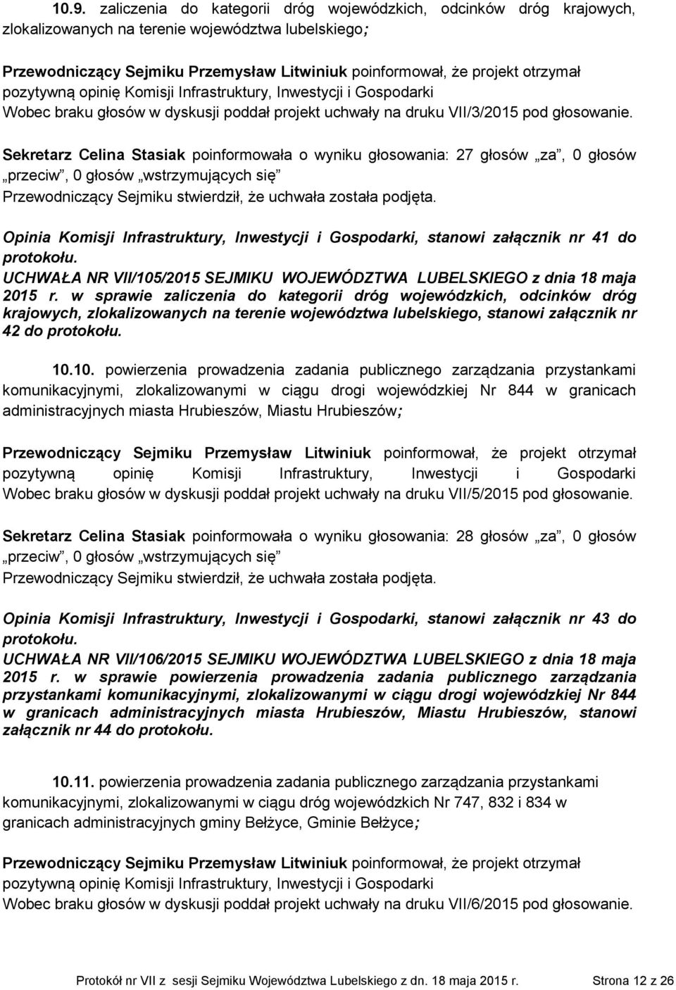 Sekretarz Celina Stasiak poinformowała o wyniku głosowania: 27 głosów za, 0 głosów Opinia Komisji Infrastruktury, Inwestycji i Gospodarki, stanowi załącznik nr 41 do UCHWAŁA NR VII/105/2015 SEJMIKU