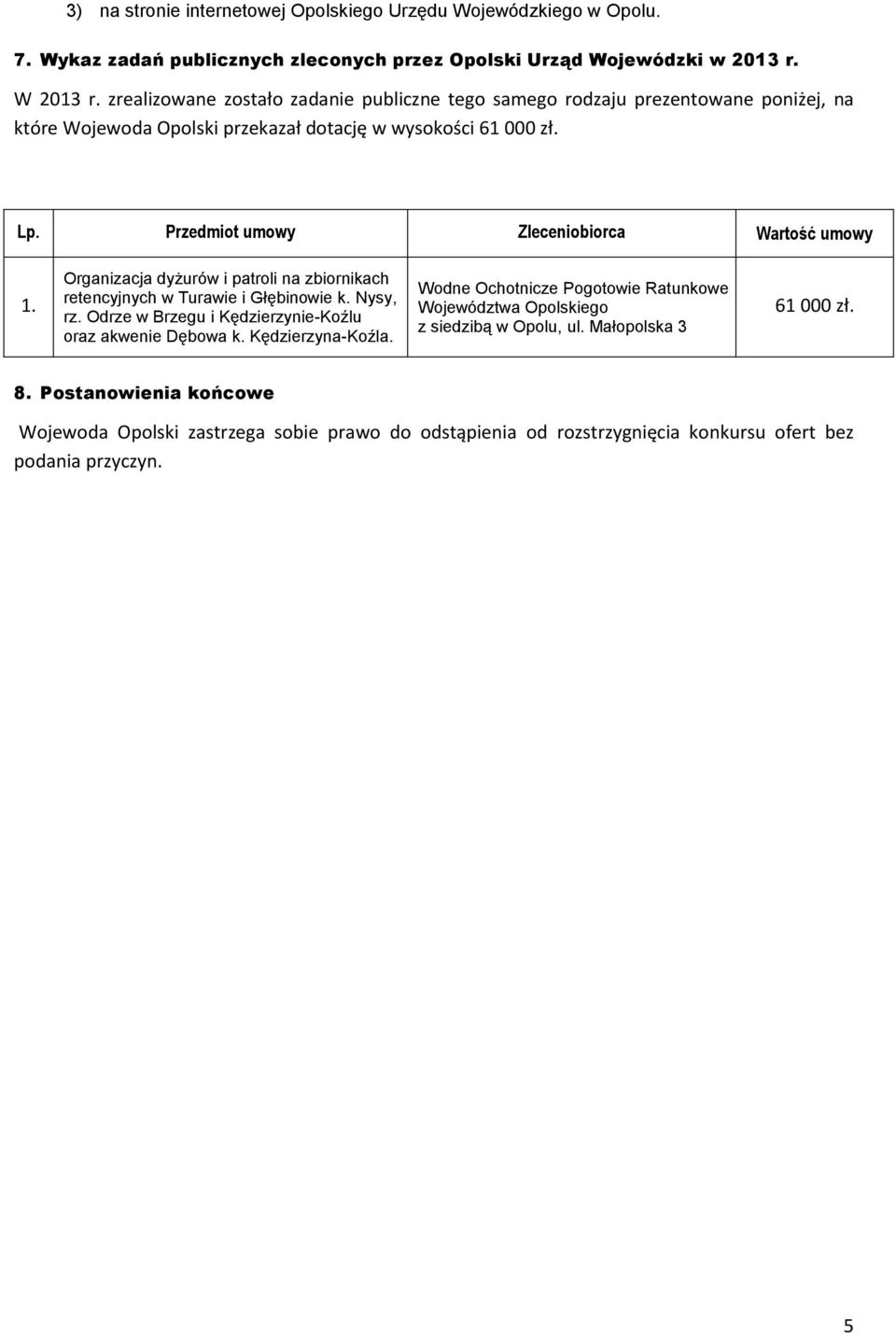 Przedmiot umowy Zleceniobiorca Wartość umowy 1. Organizacja dyżurów i patroli na zbiornikach retencyjnych w Turawie i Głębinowie k. Nysy, rz.