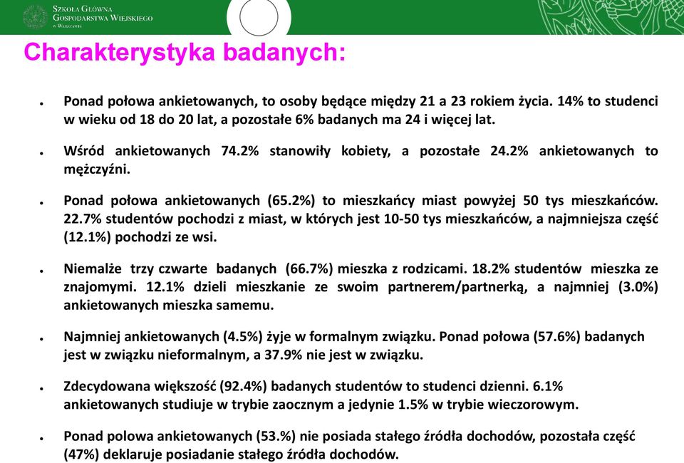 7% studentów pochodzi z miast, w których jest 10-50 tys mieszkańców, a najmniejsza część (12.1%) pochodzi ze wsi. Niemalże trzy czwarte badanych (66.7%) mieszka z rodzicami. 18.