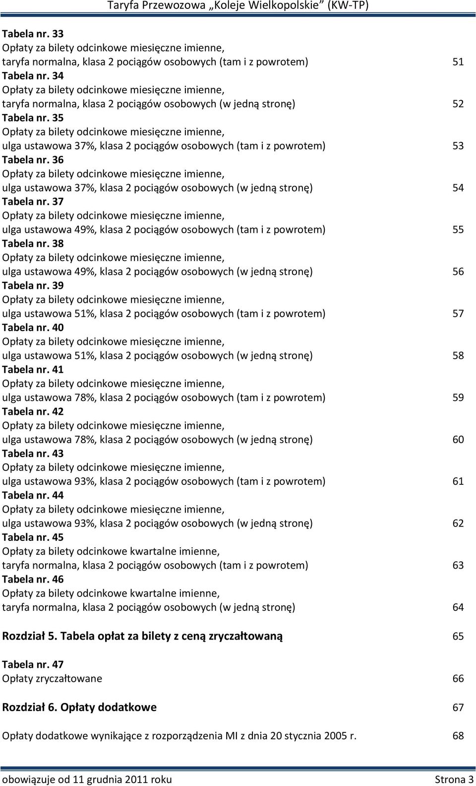 35 Opłaty za bilety odcinkowe miesięczne imienne, ulga ustawowa 37%, klasa 2 pociągów osobowych (tam i z powrotem) 53 Tabela nr.