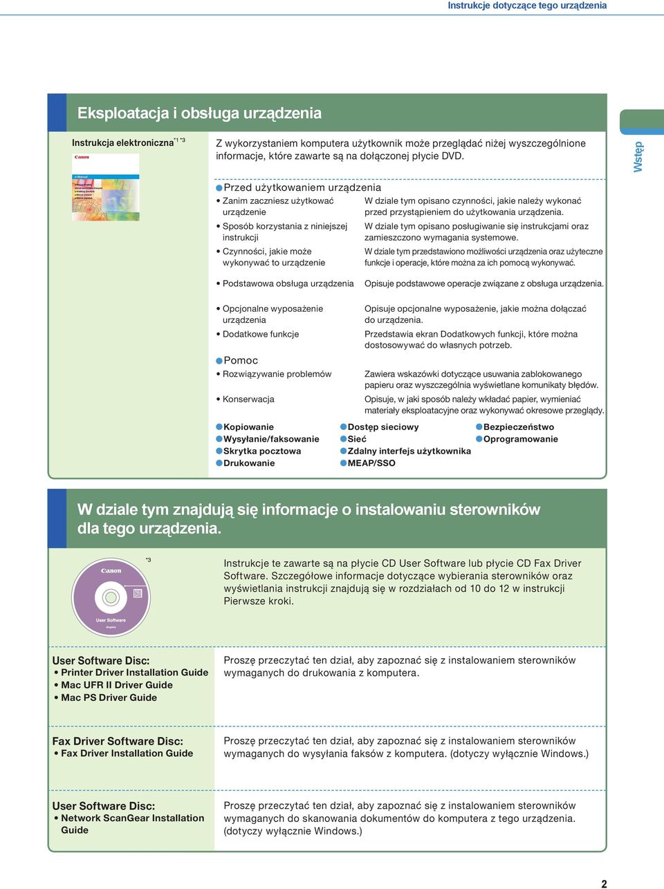 Wstęp Przed użytkowaniem urządzenia Zanim zaczniesz użytkować urządzenie Sposób korzystania z niniejszej instrukcji Czynności, jakie może wykonywać to urządzenie W dziale tym opisano czynności, jakie
