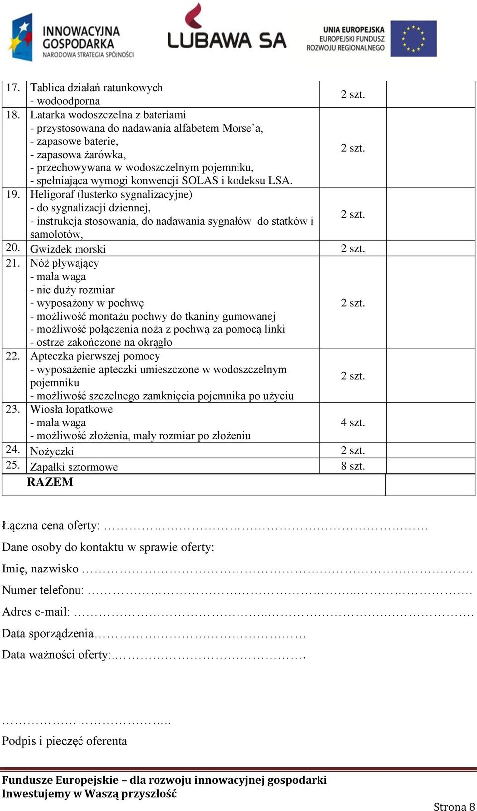 Heligoraf (lusterko sygnalizacyjne) - do sygnalizacji dziennej, - instrukcja stosowania, do nadawania sygnałów do statków i samolotów, 20. Gwizdek morski 21.