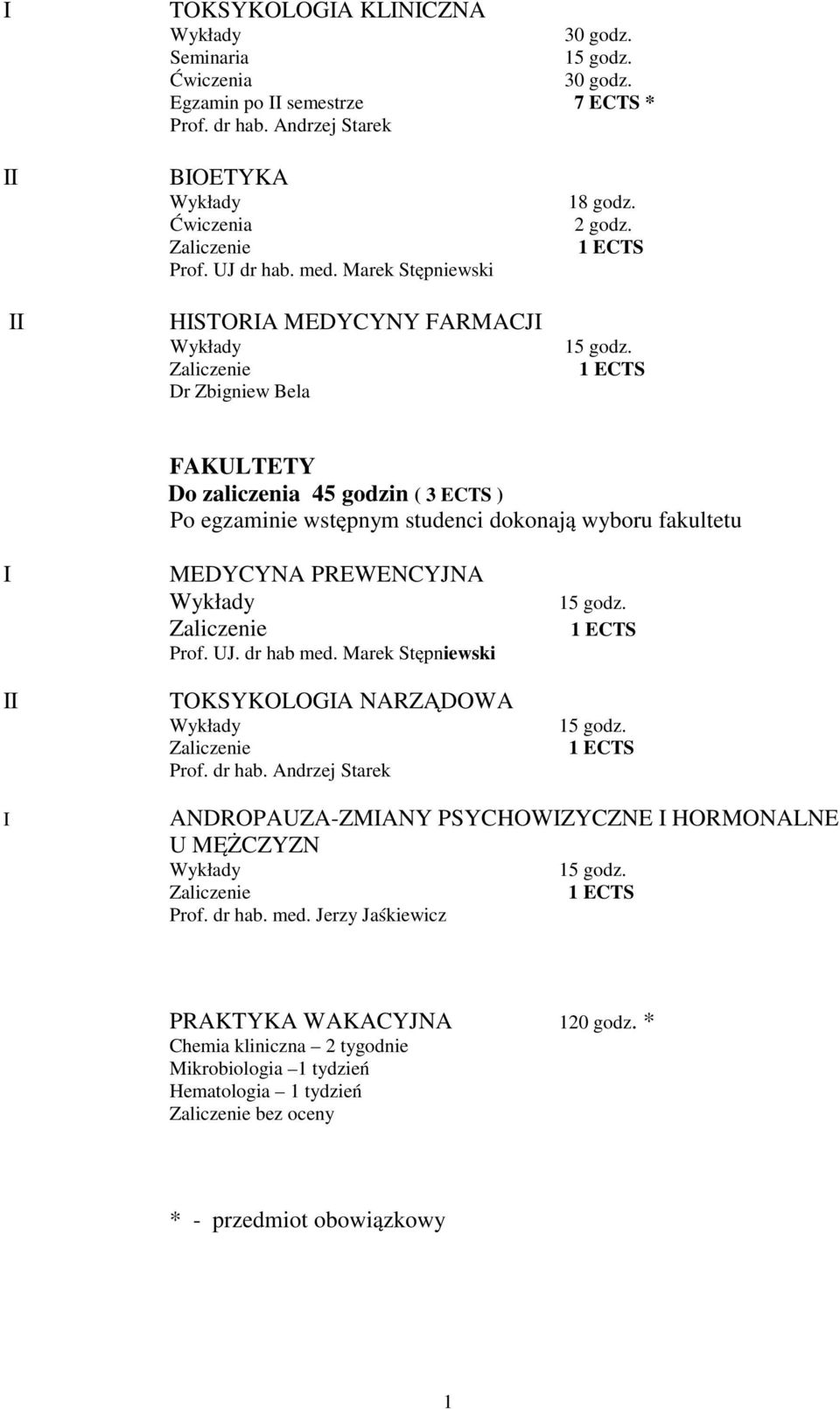 FAKULTETY Do zaliczenia 45 godzin ( 3 ECTS ) Po egzaminie wstępnym studenci dokonają wyboru fakultetu MEDYCYNA PREWENCYJNA Prof. UJ. dr hab med.