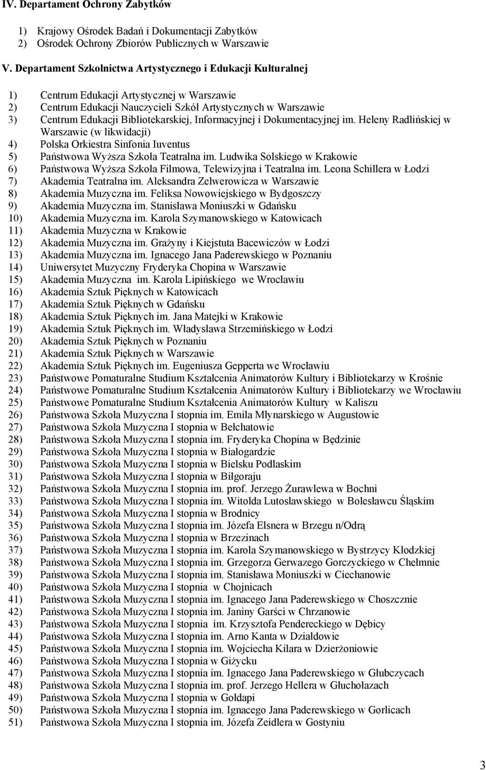 Bibliotekarskiej, Informacyjnej i Dokumentacyjnej im. Heleny Radlińskiej w Warszawie (w likwidacji) 4) Polska Orkiestra Sinfonia Iuventus 5) Państwowa Wyższa Szkoła Teatralna im.