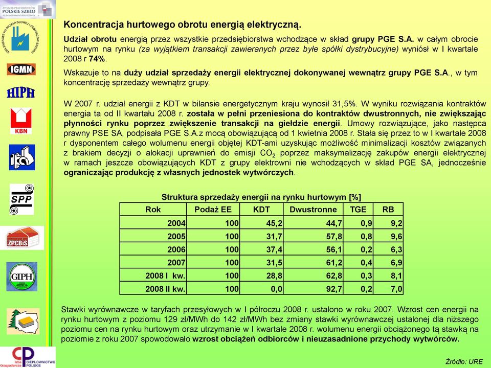 Wskazuje to na duży udział sprzedaży energii elektrycznej dokonywanej wewnątrz grupy PGE S.A., w tym koncentrację sprzedaży wewnątrz grupy. W 2007 r.