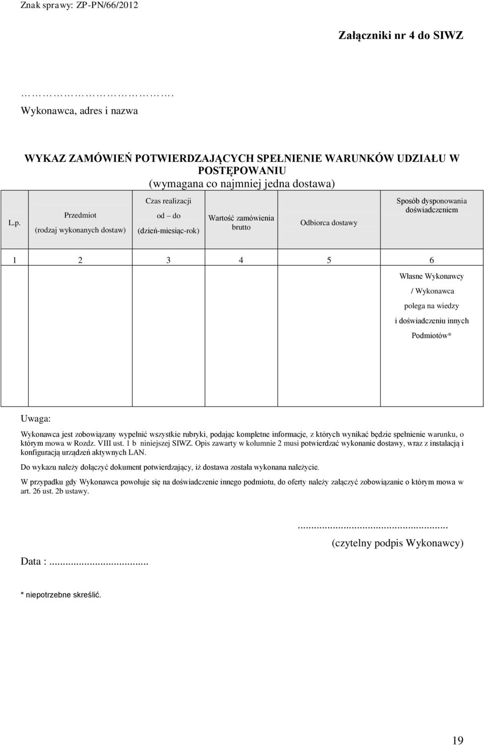 polega na wiedzy i doświadczeniu innych Podmiotów* Uwaga: Wykonawca jest zobowiązany wypełnić wszystkie rubryki, podając kompletne informacje, z których wynikać będzie spełnienie warunku, o którym