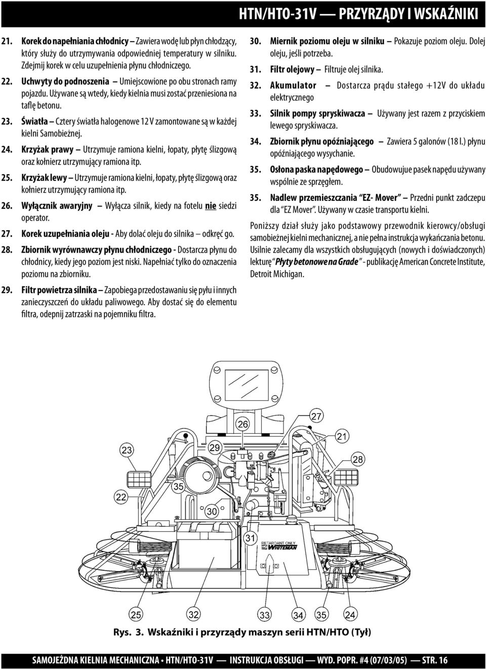 23. Światła Cztery światła halogenowe 12 V zamontowane są w każdej kielni Samobieżnej. 24. Krzyżak prawy Utrzymuje ramiona kielni, łopaty, płytę ślizgową oraz kołnierz utrzymujący ramiona itp. 25.