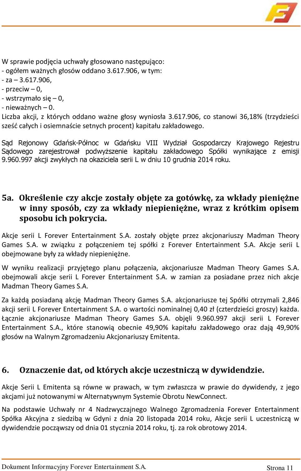 Sąd Rejonowy Gdańsk-Północ w Gdańsku VIII Wydział Gospodarczy Krajowego Rejestru Sądowego zarejestrował podwyższenie kapitału zakładowego Spółki wynikające z emisji 9.960.