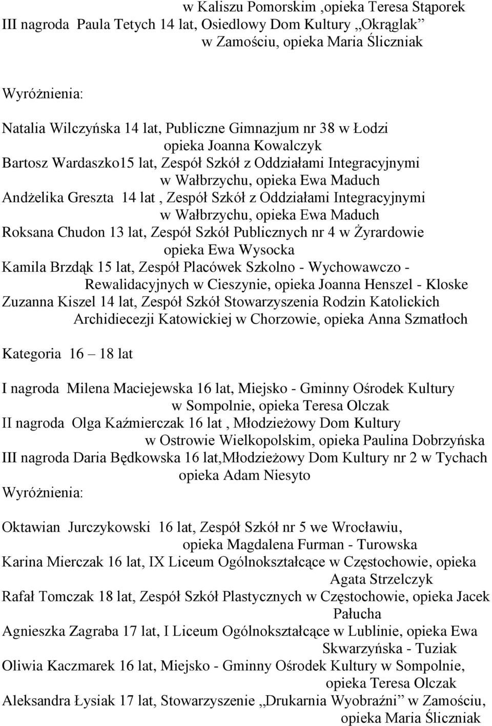 Wałbrzychu, opieka Ewa Maduch Roksana Chudon 13 lat, Zespół Szkół Publicznych nr 4 w Żyrardowie opieka Ewa Wysocka Kamila Brzdąk 15 lat, Zespół Placówek Szkolno - Wychowawczo - Rewalidacyjnych w