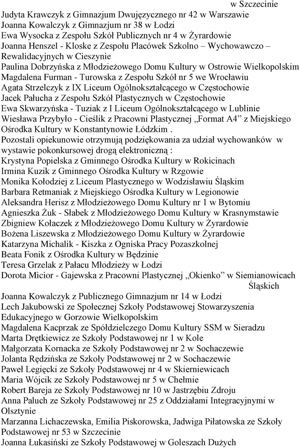 Agata Strzelczyk z IX Liceum Ogólnokształcącego w Częstochowie Jacek Pałucha z Zespołu Szkół Plastycznych w Częstochowie Ewa Skwarzyńska - Tuziak z I Liceum Ogólnokształcącego w Lublinie Wiesława