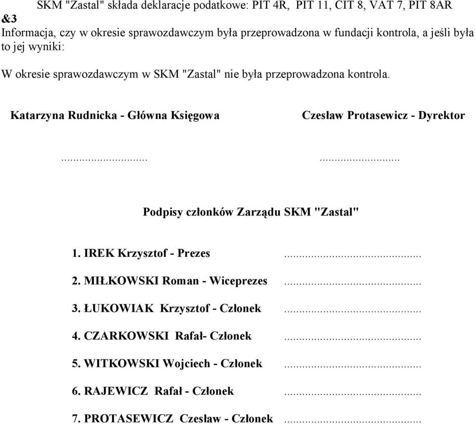 Katarzyna Rudnicka - Główna Księgowa Czesław Protasewicz - Dyrektor...... Podpisy członków Zarządu SKM "Zastal" 1. IREK Krzysztof - Prezes... 2.