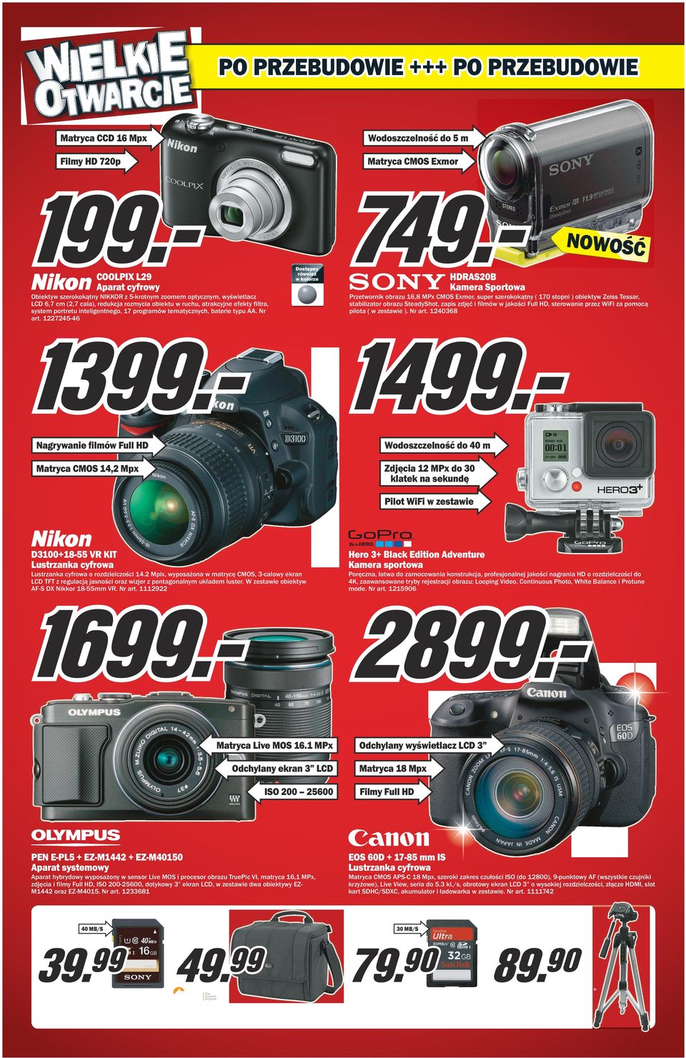 1227245-46 HDRAS20B Kamera Sportowa Przetwornik obrazu 16,8 MPx CMOS Exmor, super szerokokątny ( 170 stopni ) obiektyw Zeiss Tessar, stabilizator obrazu SteadyShot, zapis zdjęć i filmów w jakości