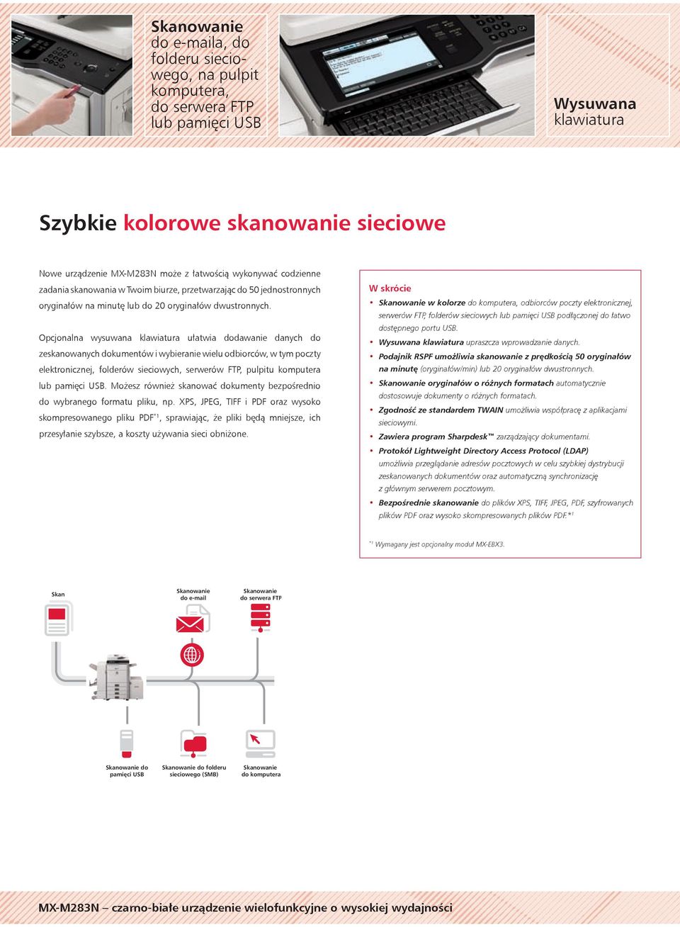 Opcjonalna wysuwana klawiatura ułatwia dodawanie danych do zeskanowanych dokumentów i wybieranie wielu odbiorców, w tym poczty elektronicznej, folderów sieciowych, serwerów FTP, pulpitu komputera lub