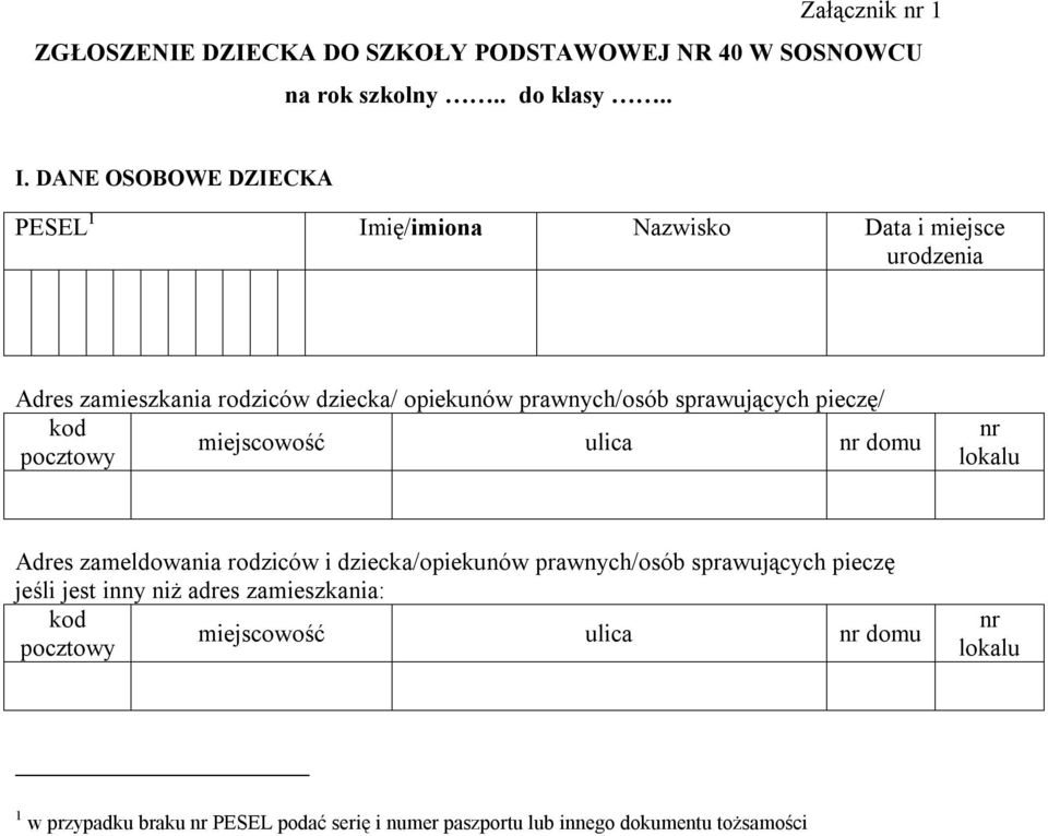 sprawujących pieczę/ kod miejscowość ulica nr domu pocztowy nr lokalu Adres zameldowania rodziców i dziecka/opiekunów prawnych/osób